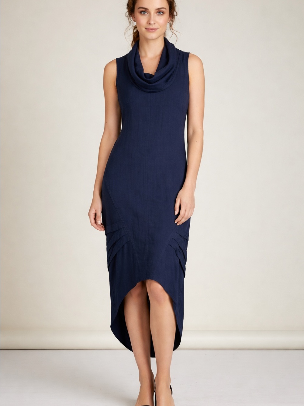 NWT For Cynthia Dark Navy Unique Linen Blend Asymmetrical Hem Midi Dress XS